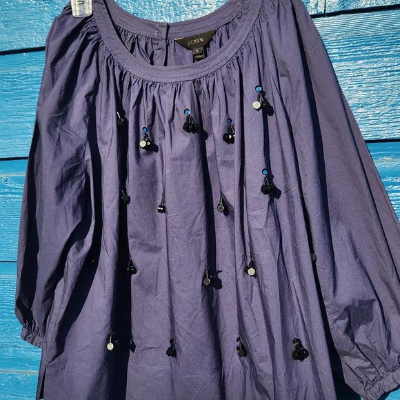 J. Crew Blue Blouse with Black Tassels - Picture 2 of 9